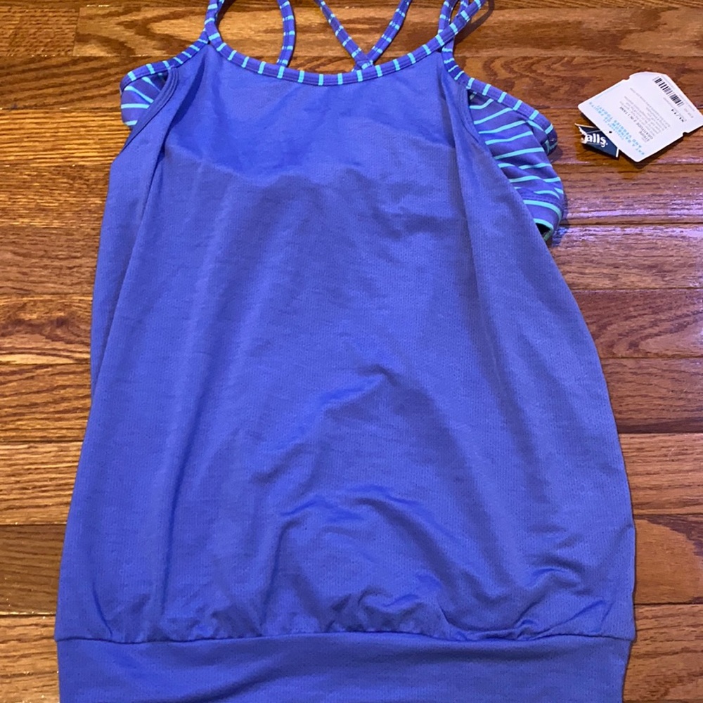 blue , built in sports bra tank top